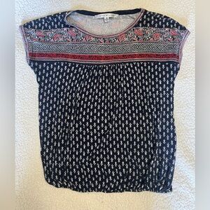 Casual women’s blouse, red and blue and white pattern